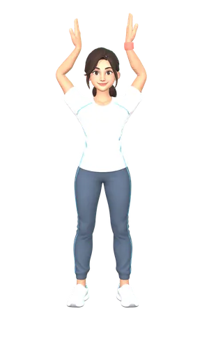 Mina, a ShakeFit coach, mid raise both hands