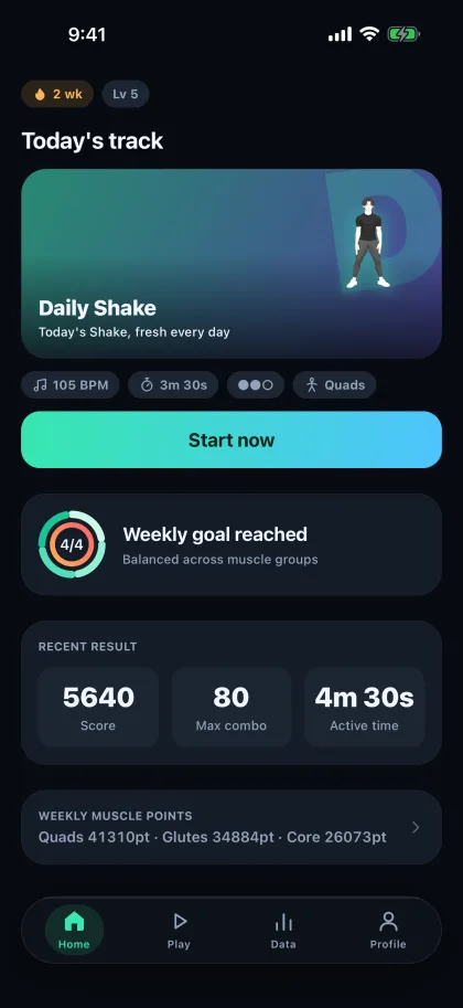ShakeFit home with a featured track and weekly movement goal
