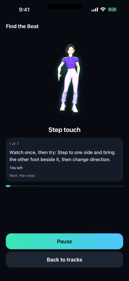A camera-free guided lesson with movement instructions and a Pause button