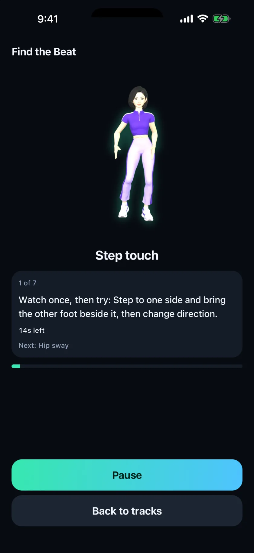 ShakeFit guided lesson with Nela demonstrating step touch, a movement cue and Pause button