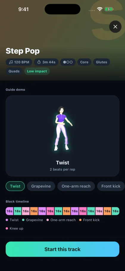 A track page with its tempo, length, low-impact tag and a guide demo of the first move